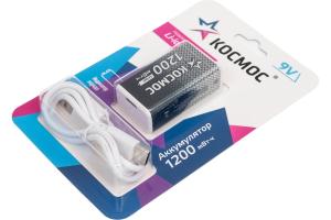 АККУМУЛЯТОР 9.0V КРОНА 1200mAh КОСМОС с зарядным разъемом Type-C + кабель Type-C(M)-USB(M)